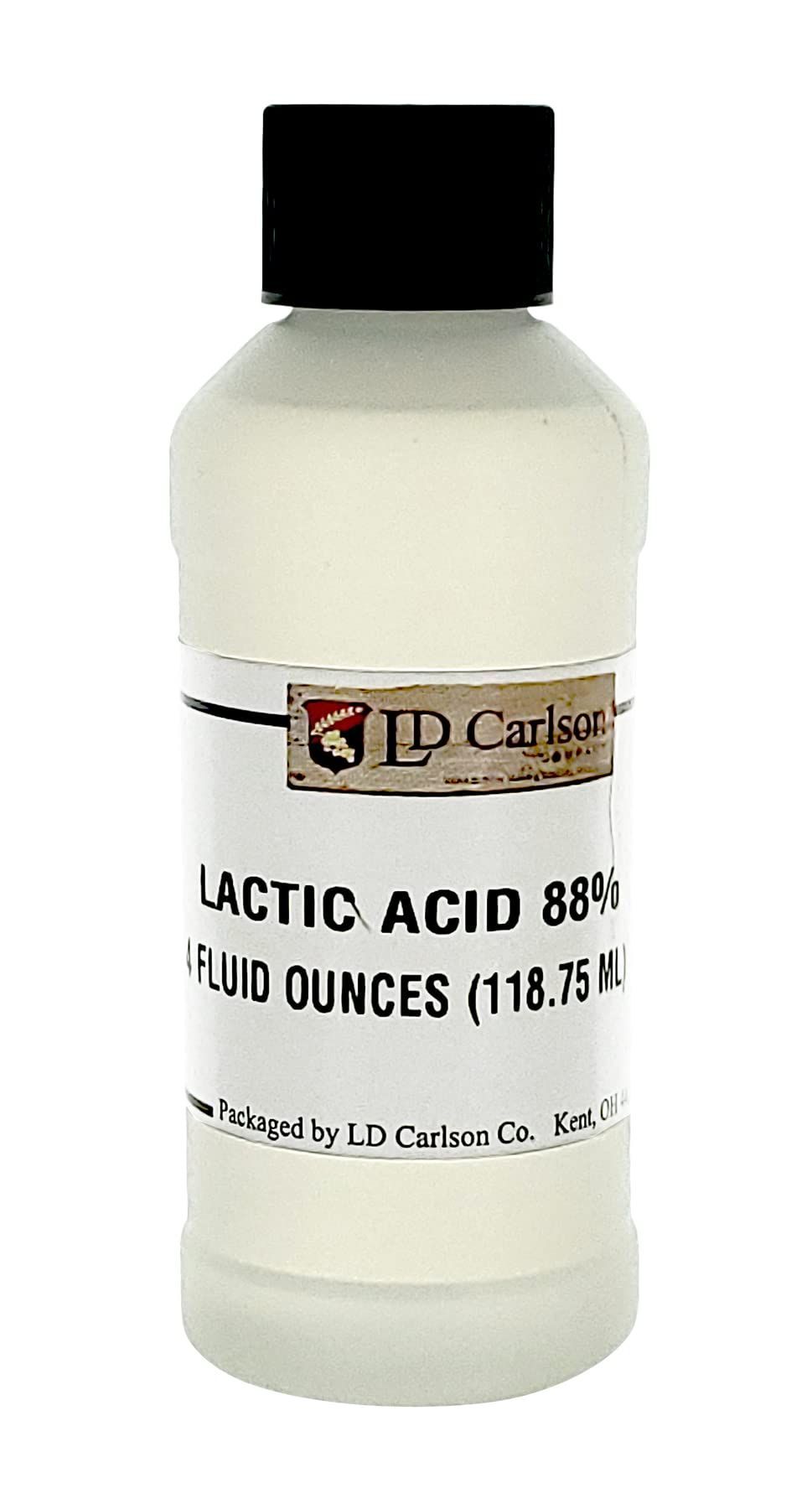 A bottle of lactic acid with a black cap on a white background.