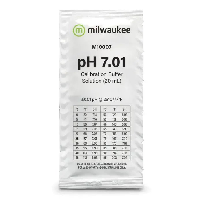 A bag of milwaukee ph 7.01 calibration buffer solution