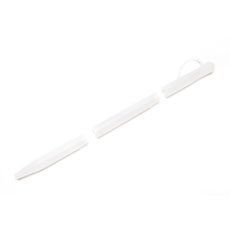 A white pen is broken in half on a white background.
