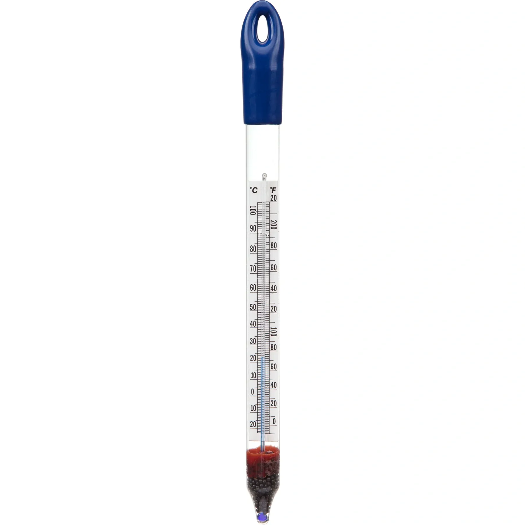 A thermometer with a blue handle and a red needle on a white background.