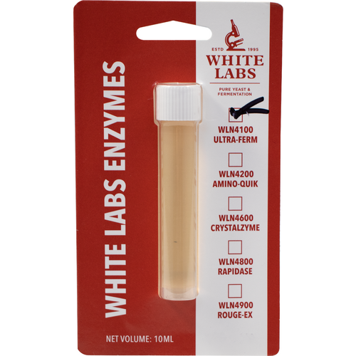 White Labs Enzymes blister pack with a small clear vial on red-and-white packaging