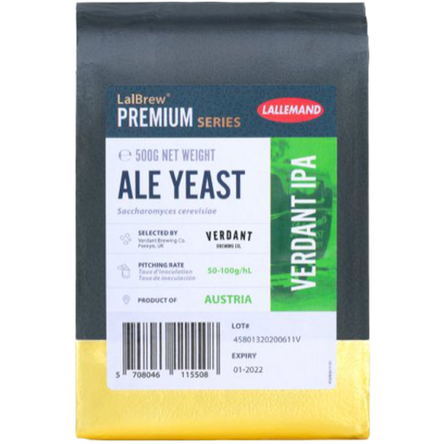 Packaging of LalBrew Verdant IPA ale yeast, dark gray, white, green, and yellow label