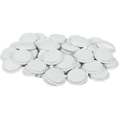 A pile of white bottle caps on a white background.