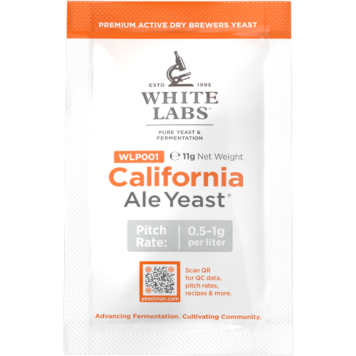 White Labs California Ale Yeast packet, white and orange packaging, front label shown.
