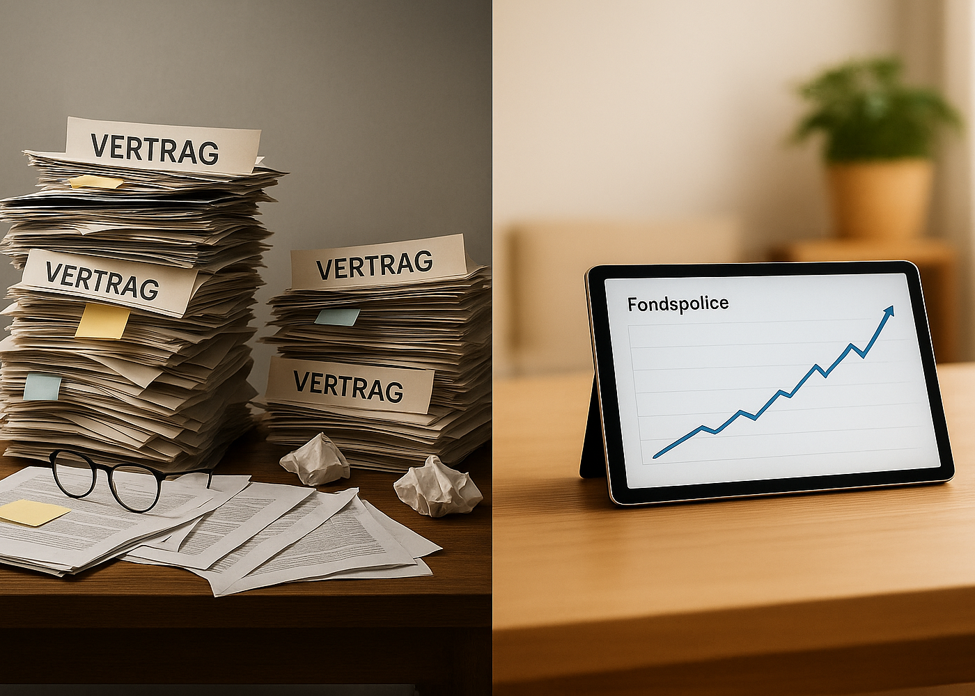 gegenüberstellung von papierchaos mit vertragstürmen und einem digitalen tablet mit wachstumskurve einer fondspolice – sinnbild für veraltete altersvorsorge-verträge versus moderne, renditeorientierte lösungen mit struktur und transparenz
