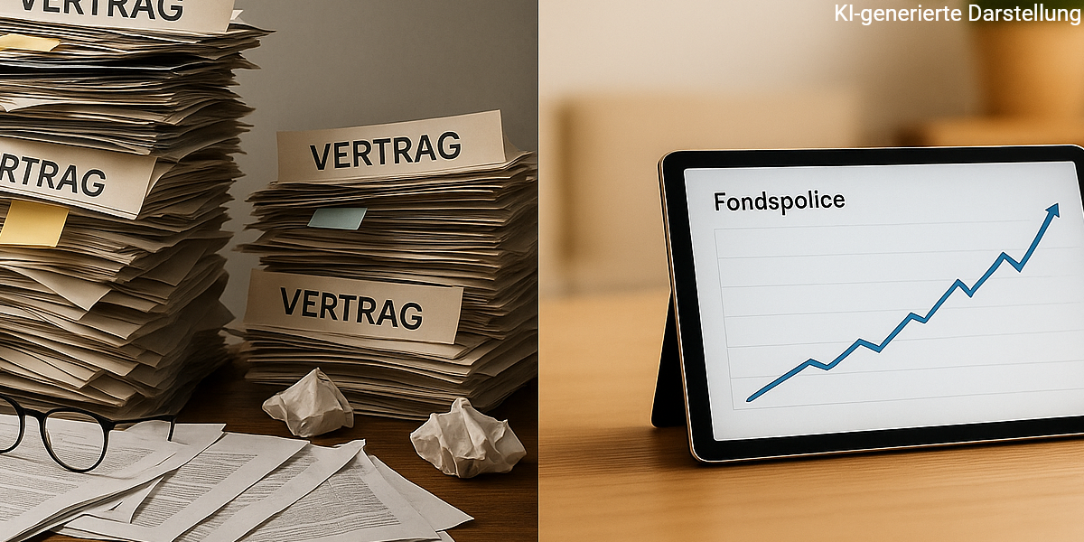 gegenüberstellung von papierchaos mit vertragstürmen und einem digitalen tablet mit wachstumskurve einer fondspolice – sinnbild für veraltete altersvorsorge-verträge versus moderne, renditeorientierte lösungen mit struktur und transparenz