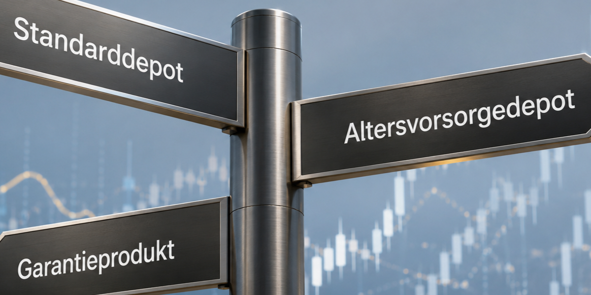 Ein Weggabelung mit drei Richtungen: Standarddepot, Altersvorsorgedepot und Garantieprodukt soll ausdrücken, dass es drei unterschiedliche Produkte sind.