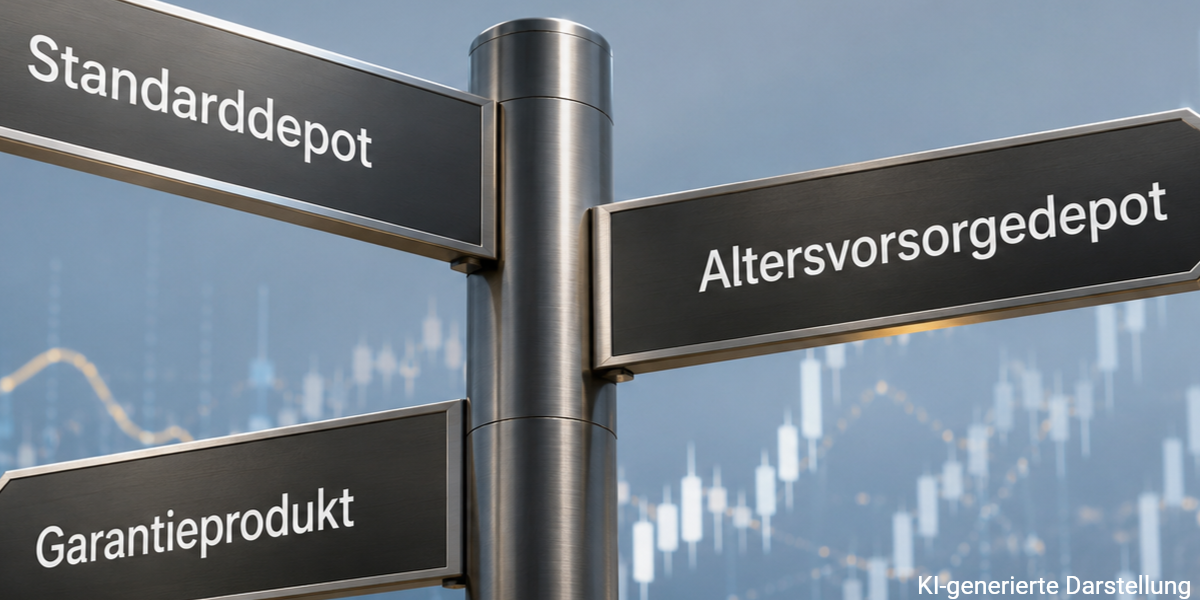 Fotorealistisches Titelbild zur Altersvorsorgereform: Ein hochwertiger Wegweiser zeigt die Optionen Standarddepot, Altersvorsorgedepot und Garantieprodukt vor einer modernen Finanzwelt mit dezenten Kapitalmarkt-Grafiken.