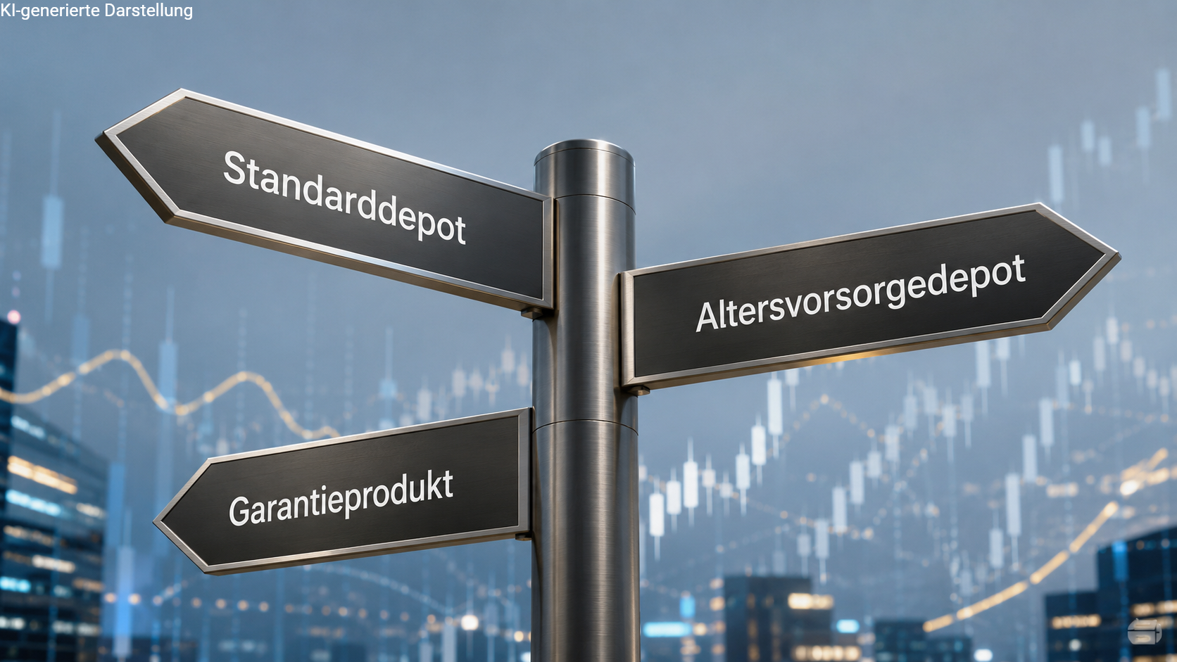 Ein hochwertiger Wegweiser aus Edelstahl zeigt in 3 Richtungen: Altersvorsorgedepot, Standarddepot