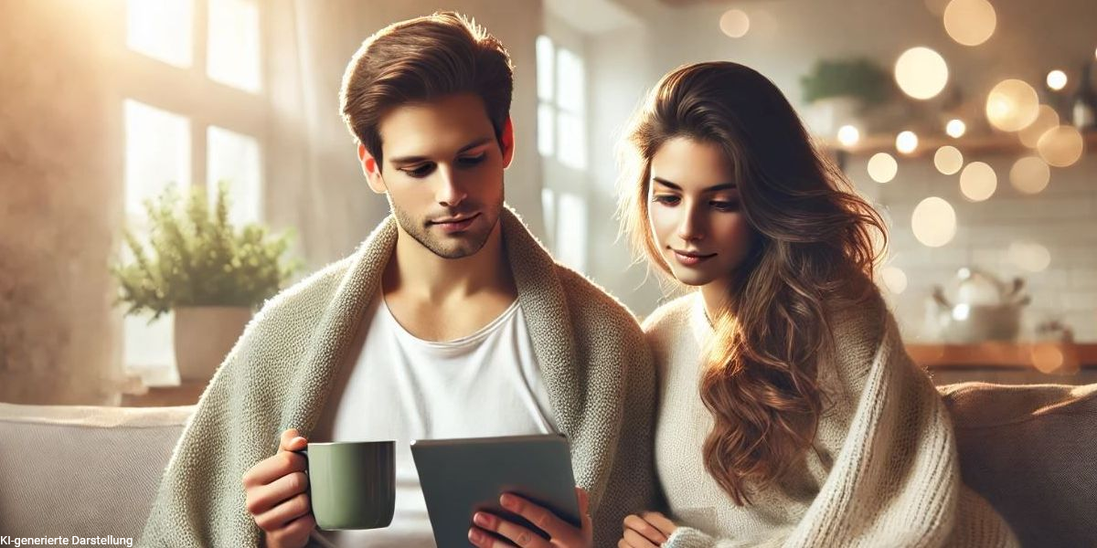 junges paar mit tablet auf sofa in gemütlicher atmosphäre für blogartikel zur arbeitsunfähigkeitsklausel 