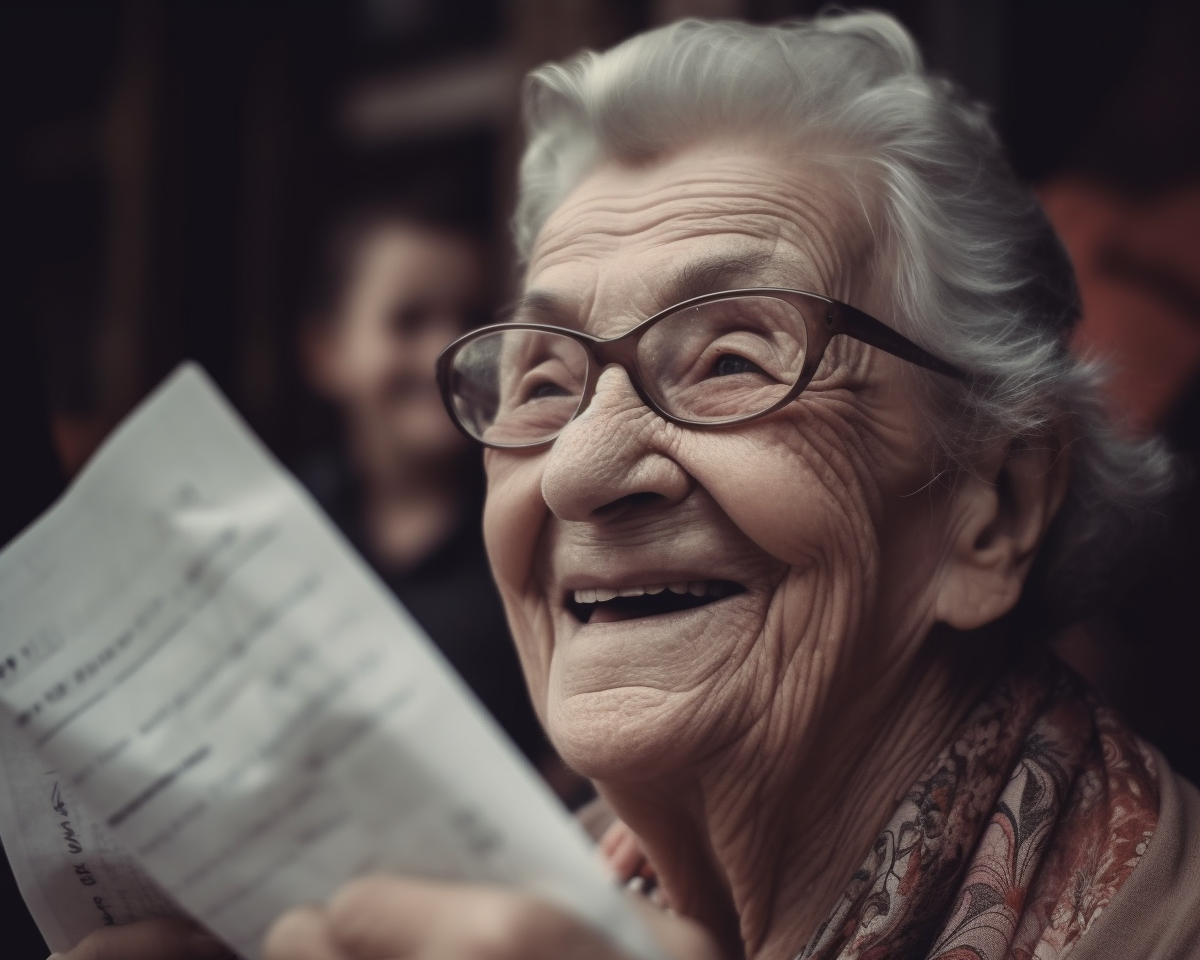lächelnde seniorin mit unterlagen in der hand – symbolbild für stabile krankenversicherungsbeiträge (pkv) im alter durch altersrückstellungen