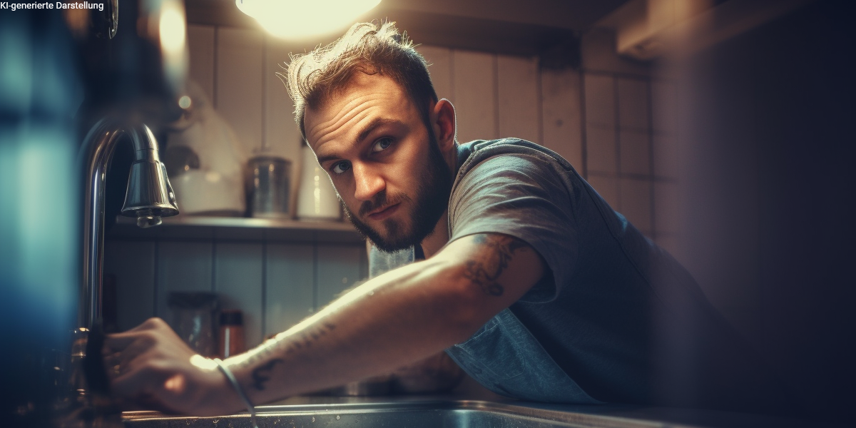 Junger Mann arbeitet konzentriert in Küche – Symbol für Absicherungsbedarf handwerklicher Berufe.
