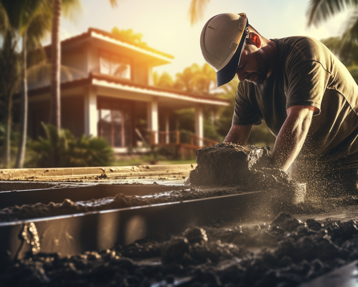 handwerker beim betonieren eines fundaments vor einem haus – symbolbild für die basisrente (rürup-rente) als grundlage im 3-schichten-modell der altersvorsorge