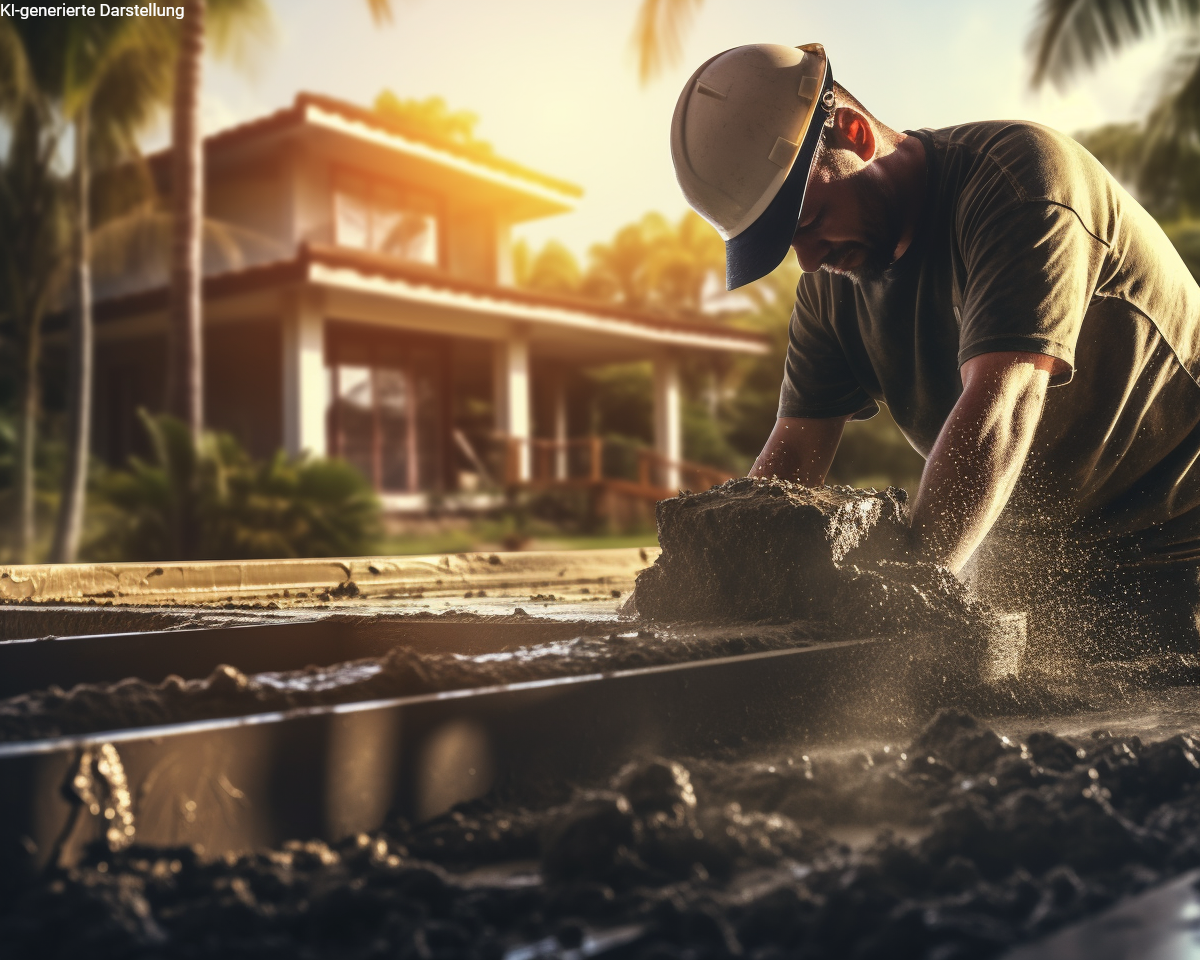 handwerker beim betonieren eines fundaments vor einem haus – symbolbild für die basisrente (rürup-rente) als grundlage im 3-schichten-modell der altersvorsorge