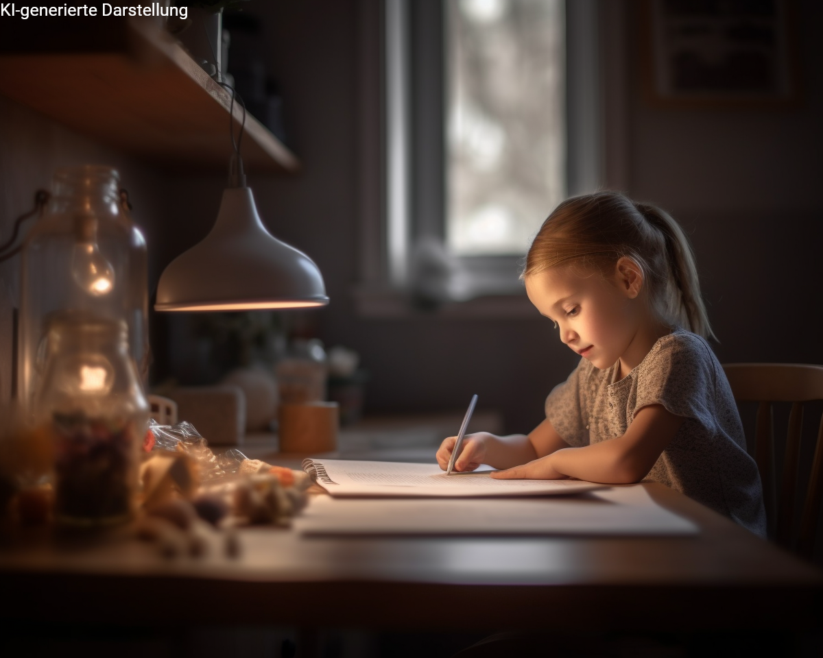 ein junges mädchen sitzt konzentriert und gesund bei abendlichem licht am schreibtisch und schreibt – symbolbild für die schüler-berufsunfähigkeitsversicherung und frühe absicherung der zukunft