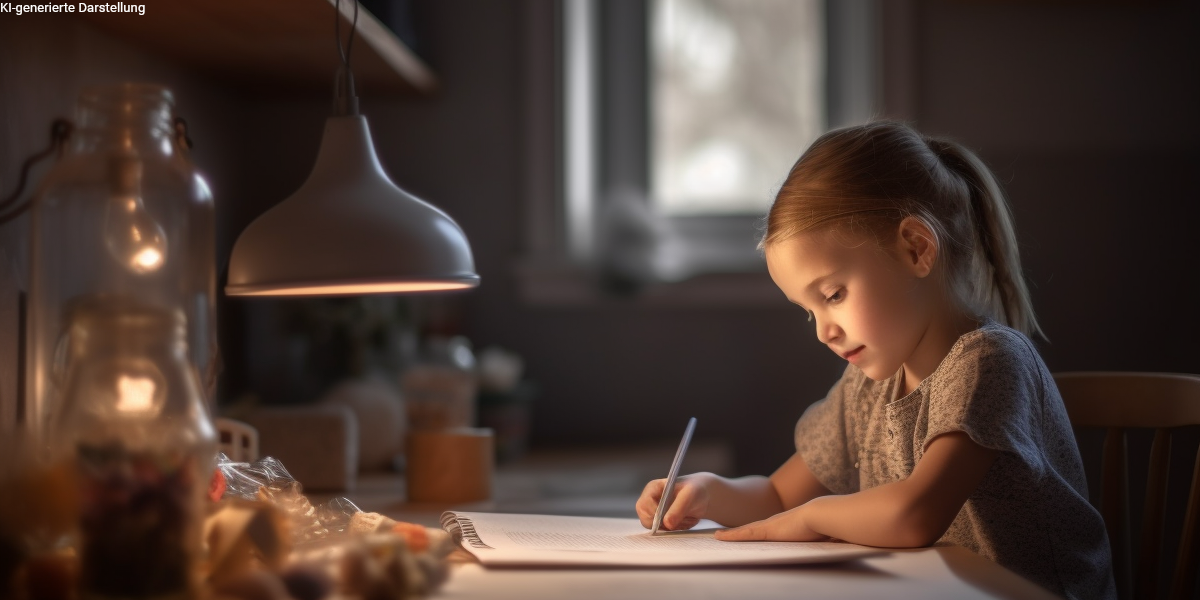 Kind schreibt konzentriert bei Schreibtischlicht – Berufsunfähigkeitsversicherung für Schüler