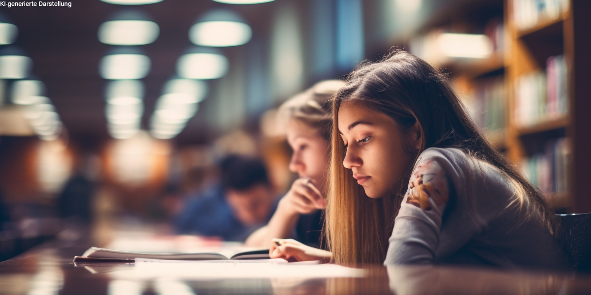 Studentin lernt in Bibliothek – Thema: Berufsunfähigkeitsversicherung für Studenten