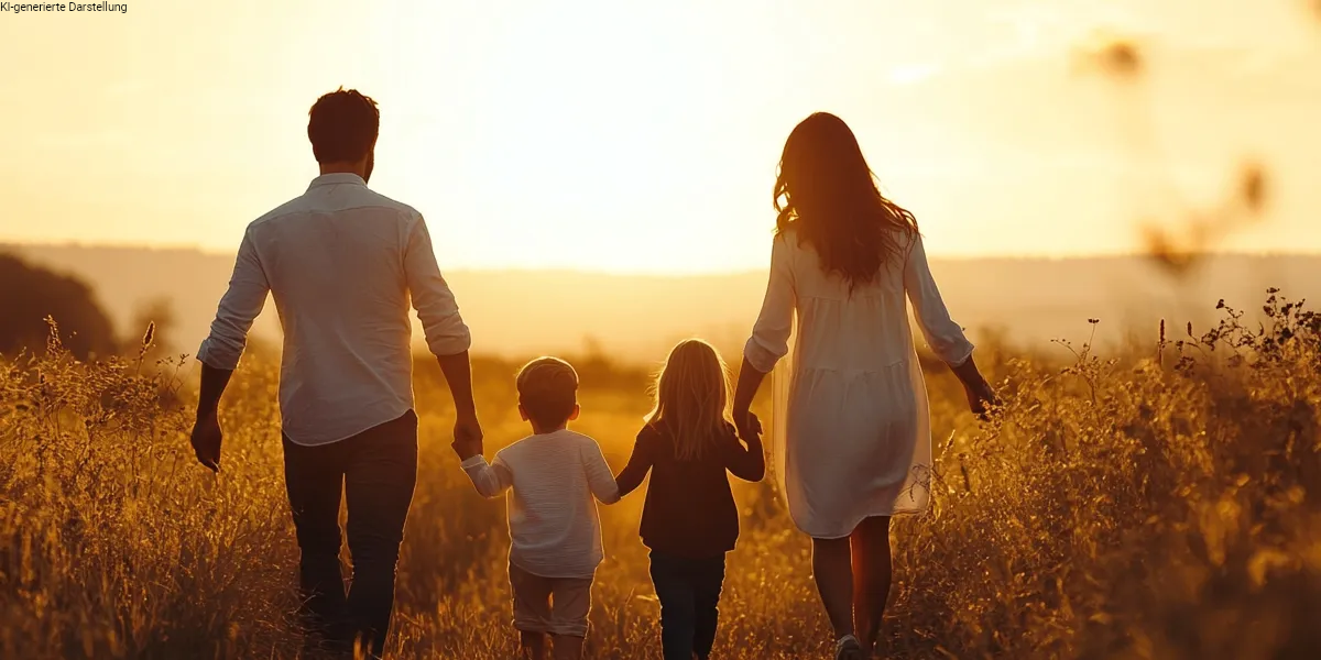 Eltern mit 2 Kindern gehen auf einem Feld unbeschwert dem Sonnenuntergang entgegen