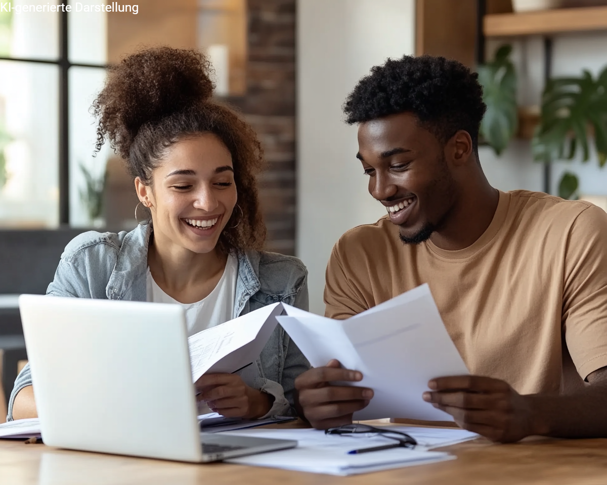 Ein junges Paar sitzt gemeinsam am Schreibtisch und liest konzentriert Unterlagen vor einem Laptop. Beide lachen, wirken erleichtert und zufrieden – eine Metapher für Transparenz und Klarheit bei der Finanzplanung, z. B. beim Wechsel der Krankenkasse