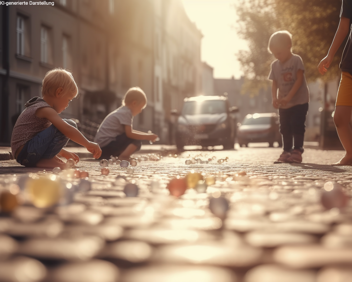 Unbeschwert spielende Kinder auf der Straße – Bildmotiv für den Schutz durch eine Kinderinvaliditätsversicherung bei schweren Erkrankungen oder Unfällen.