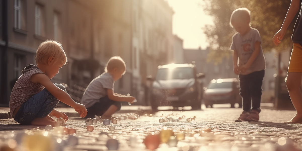 Unbeschwert spielende Kinder auf der Straße – Bildmotiv für den Schutz durch eine Kinderinvaliditätsversicherung bei schweren Erkrankungen oder Unfällen.
