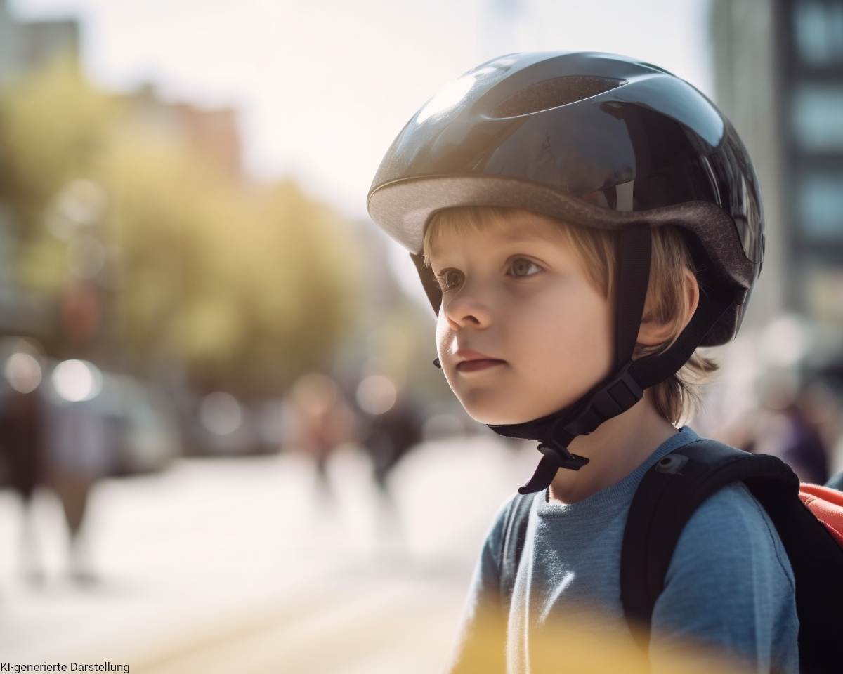 Kind mit Fahrradhelm in der Stadt – Symbolbild für Kinderunfallversicherung und Schutz im Alltag und auf dem Schulweg.
