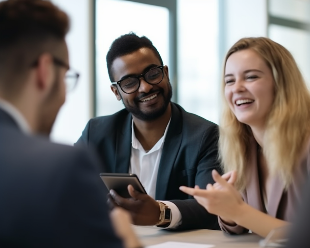 ein mehrköpfiges beratungsteam in businesskleidung sitzt gemeinsam am tisch, lacht und diskutiert eine finanzstrategie mit digitalem gerät in der hand – eine metapher für partnerschaftliche konzeptberatung auf augenhöhe, strukturiertes vorgehen und nachhaltige vermögensplanung