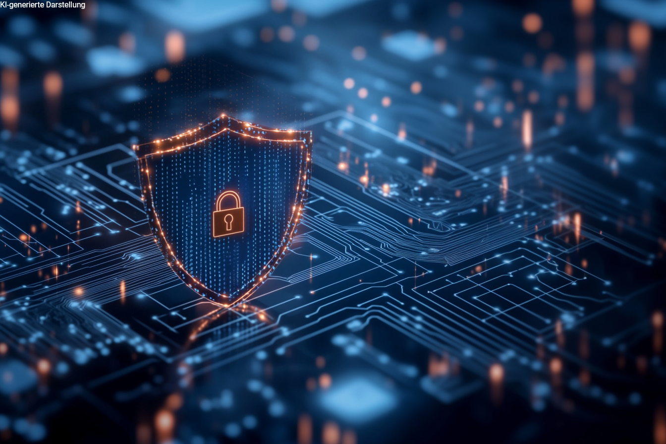 Schaltplatine mit Schutzschild als Sinnbild für Cyberangriffe