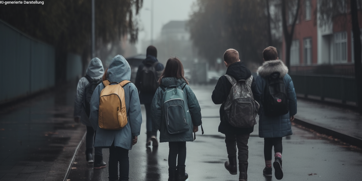 Kinder auf dem Schulweg bei Regen – Symbolbild für die Bedeutung der Schulunfähigkeitsversicherung