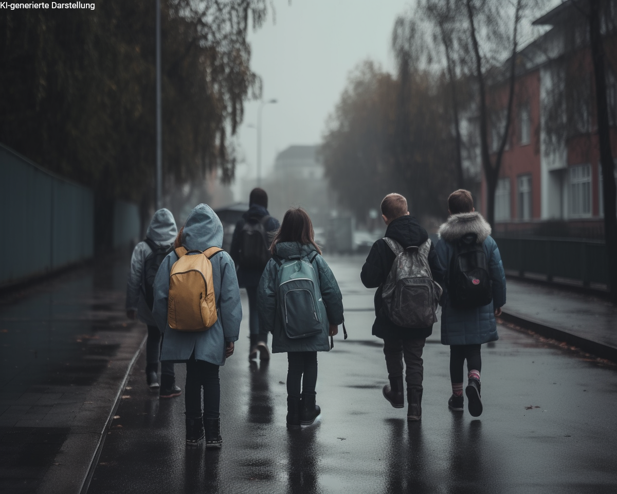 Kinder auf dem Schulweg bei Regen – Symbolbild für Risiken und die Bedeutung der Kinderunfallversicherung.