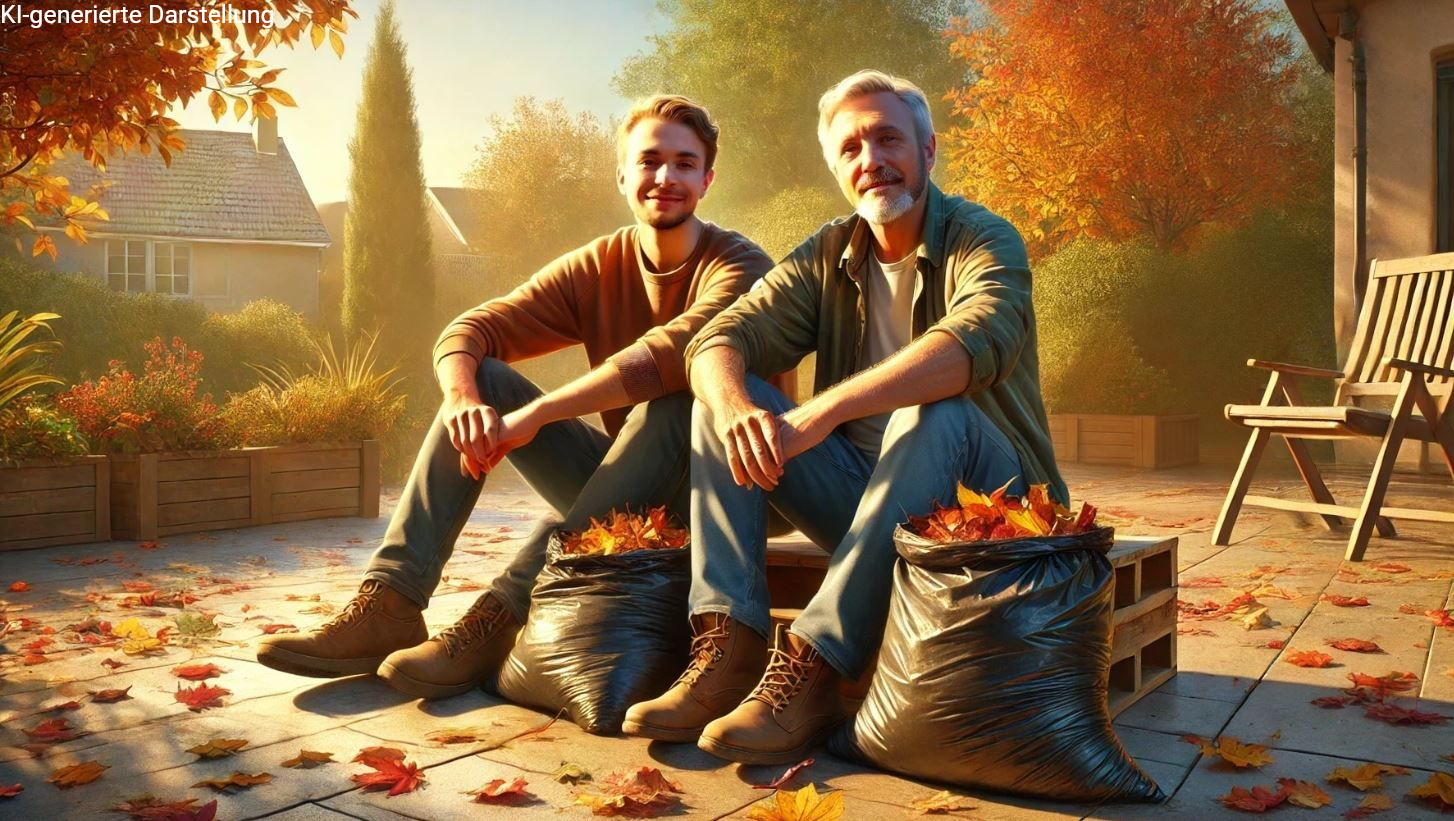 Vater und Sohn sitzen im herbstlichen Garten mit Laubsäcken – Symbol für generationsübergreifende Vorsorge durch eine Pflegerentenversicherung gegen Einmalbeitrag.
