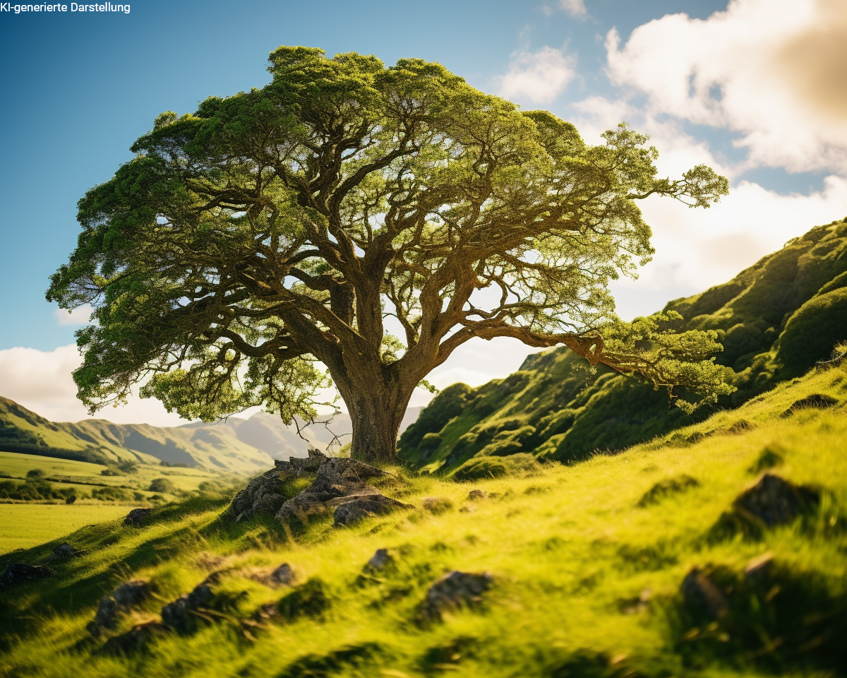 Großer Baum in grüner Landschaft als Symbol für nachhaltige Finanzplaung