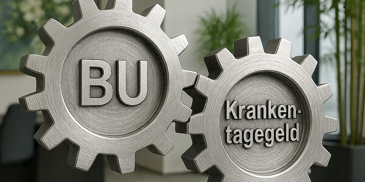 Zwei ineinandergreifende Zahnräder für die Abstimmung von Berufsunfähigkeit und Krankentagegeld