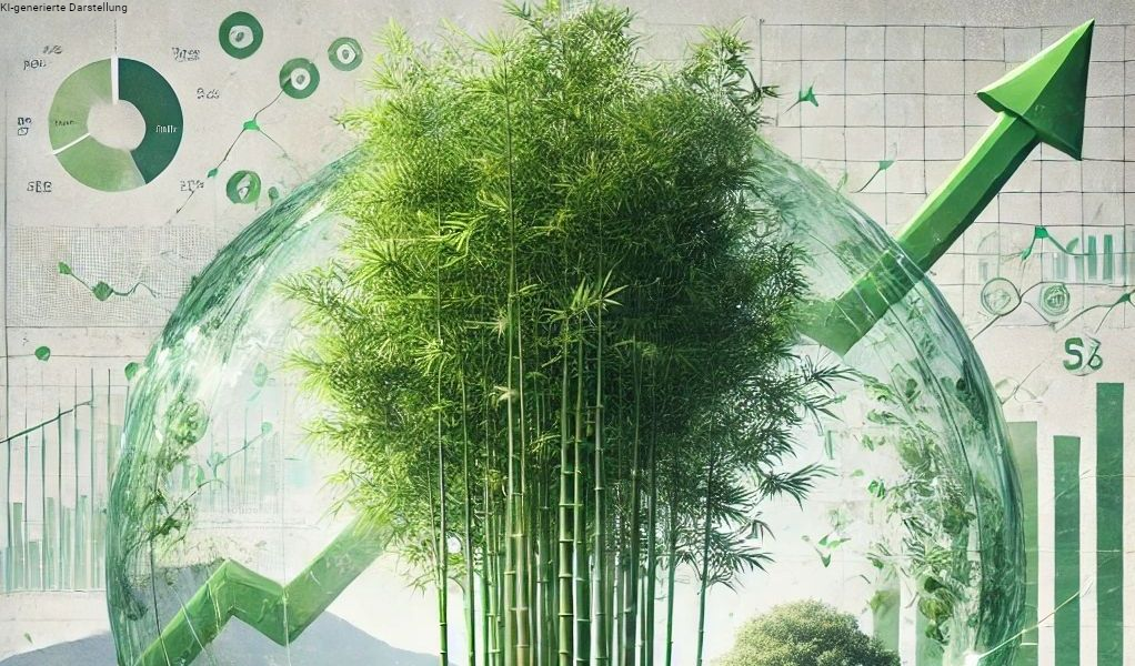 Futuristische Darstellung eines Bambusbaums vor Börsenkurs als Symbol für nachhaltige Finanzplanung