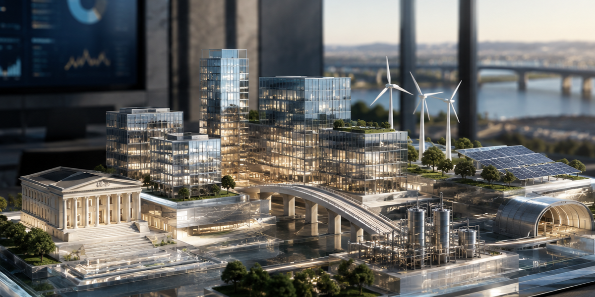 Das Titelbild visualisiert, wie Versicherer Beiträge langfristig und strukturiert anlegen. Im Mittelpunkt steht ein hochwertiges Architekturmodell aus Glas, Metall und Licht, das verschiedene Kapitalanlageklassen symbolisiert: Immobilien, Infrastruktur, erneuerbare Energien, Industrieanlagen und stabile Finanzbausteine. Die moderne Business-Umgebung mit dezenten Finanzgrafiken im Hintergrund unterstreicht den professionellen, regulierten und langfristigen Charakter der Kapitalanlage von Versicherungsunternehmen. Das Motiv eignet sich besonders für einen Blogbeitrag über Sicherungsvermögen, Kapitalanlage bei Versicherungen, Rentenversicherung, Fondspolice, Altersvorsorge und die Frage, wie Versicherer Kundengelder investieren.