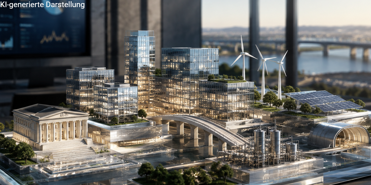 Das Titelbild visualisiert, wie Versicherer Beiträge langfristig und strukturiert anlegen. Im Mittelpunkt steht ein hochwertiges Architekturmodell aus Glas, Metall und Licht, das verschiedene Kapitalanlageklassen symbolisiert: Immobilien, Infrastruktur, erneuerbare Energien, Industrieanlagen und stabile Finanzbausteine. Die moderne Business-Umgebung mit dezenten Finanzgrafiken im Hintergrund unterstreicht den professionellen, regulierten und langfristigen Charakter der Kapitalanlage von Versicherungsunternehmen. Das Motiv eignet sich besonders für einen Blogbeitrag über Sicherungsvermögen, Kapitalanlage bei Versicherungen, Rentenversicherung, Fondspolice, Altersvorsorge und die Frage, wie Versicherer Kundengelder investieren.