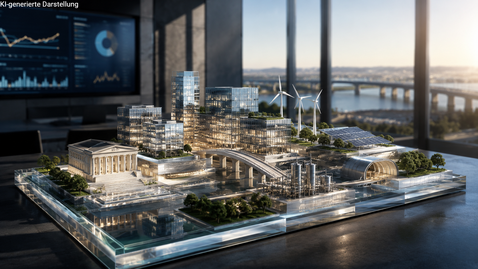 Hochwertiges Architekturmodell aus Glas und Metall auf einem Konferenztisch zeigt verschiedene Kapitalanlagebereiche wie Immobilien, Infrastruktur, erneuerbare Energien und Industrieanlagen als Sinnbild für die langfristige Kapitalanlage von Versicherungen.