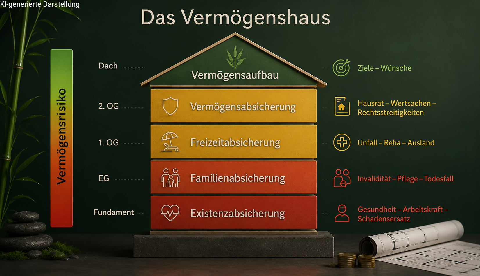 Infografik zum Vermögenshaus mit fünf Ebenen als Modell für stabile Finanzen