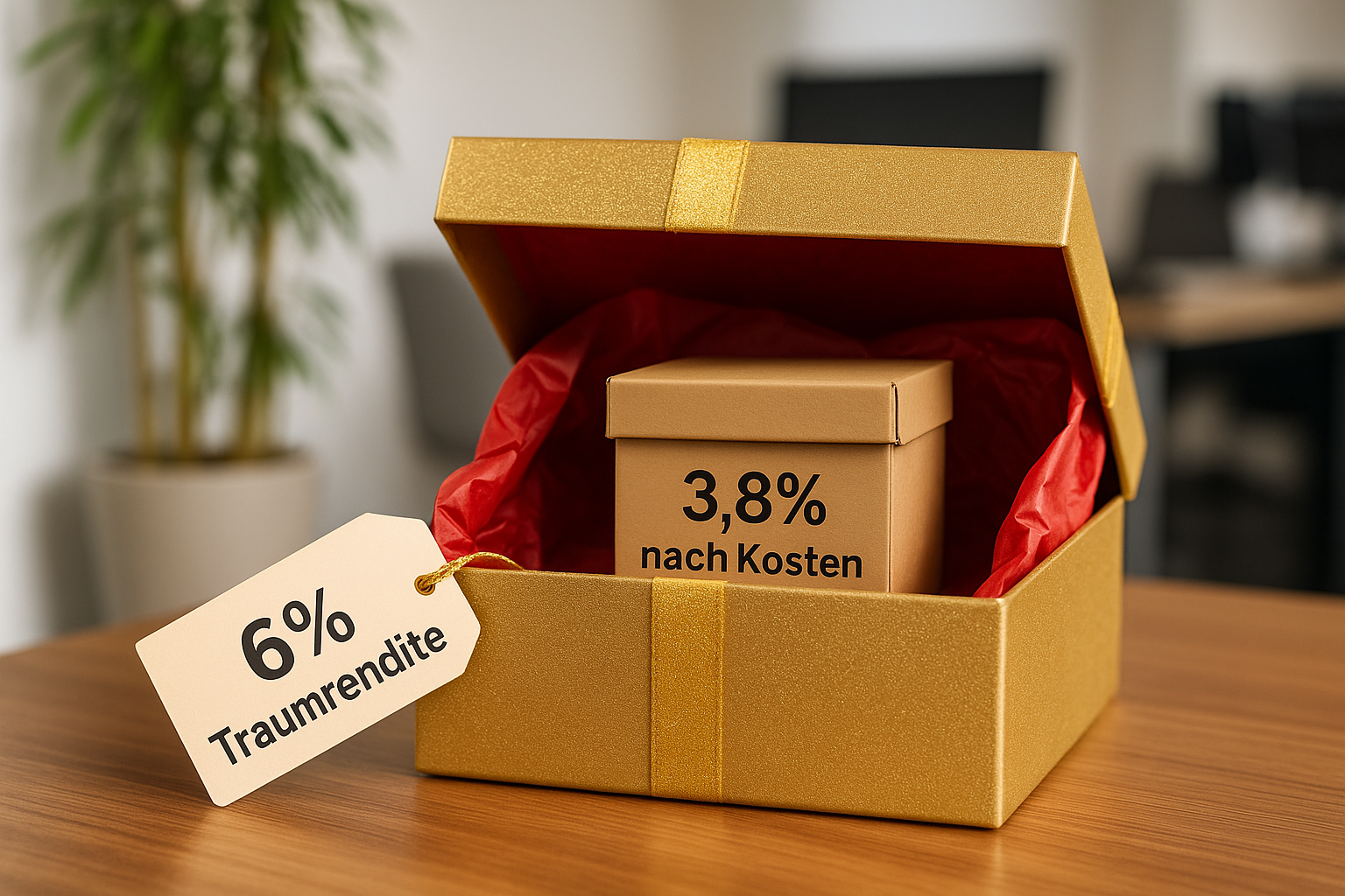 Ein goldener Geschenkkarton mit der Aufschrift „6 % Traumrendite“ enthüllt beim Öffnen eine kleinere Box mit dem wahren Inhalt: „3,8 % nach Kosten“. Dieses Bild visualisiert plakativ die Bedeutung der Effektivkostenquote bei fondsgebundenen Rentenversicherungen – und zeigt, wie groß die Abweichung zwischen Werbeversprechen und tatsächlicher Rendite sein kann. Perfekt zur Kundenaufklärung im Bereich Altersvorsorge und Versicherungsanalyse.