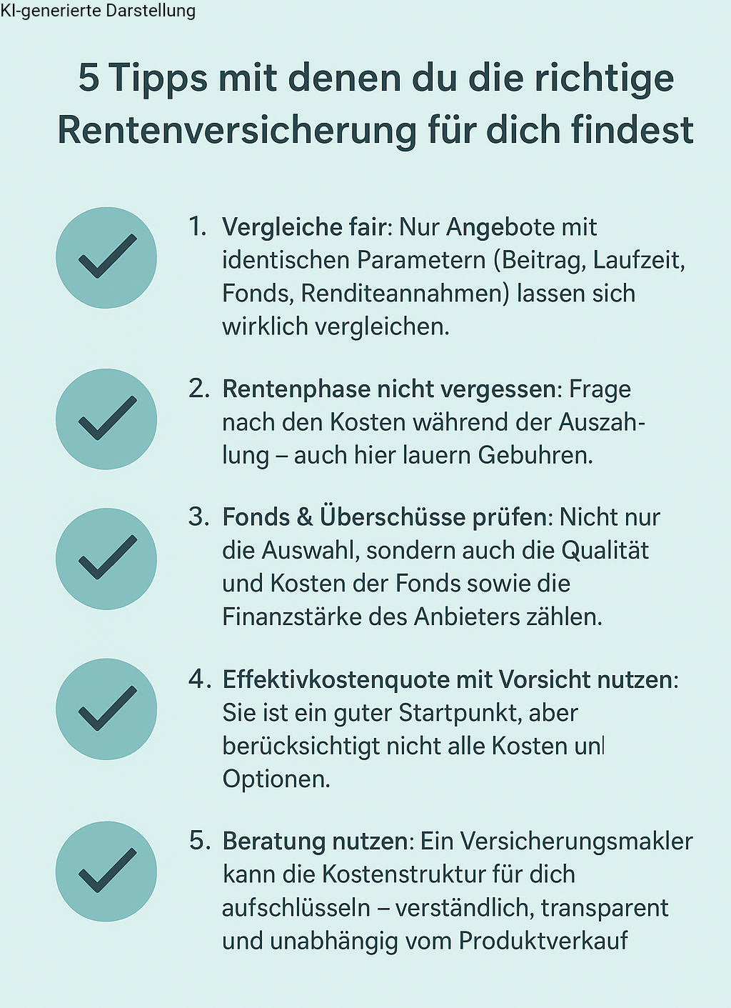 Grafik mit fünf Tipps zur Auswahl der passenden Rentenversicherung, inklusive Hinweisen zu Kosten, Vergleichskriterien und Beratungsnutzen.
Welche Rentenversicherung passt zu dir? Mit diesen 5 Profi-Tipps erkennst du die Unterschiede bei Kosten, Fonds und Tarifstruktur – und vermeidest teure Fehler.