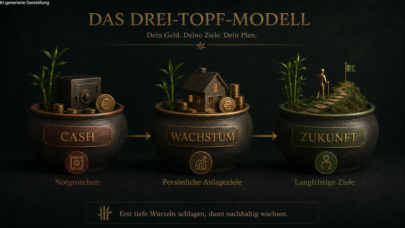 Wie baust du nachhaltig Vermögen auf und bleibst dabei flexibel? Das Drei-Topf-Modell liefert dir eine bewährte Struktur: Topf 1 sichert deine kurzfristige Liquidität bei Notfällen, Topf 2 lässt dein Kapital durch gezielte Investitionen wachsen, und Topf 3 sorgt für eine solide Altersvorsorge mit steuerlichen Vorteilen. Die Strategie eignet sich für jede Lebensphase und hilft dir, dein Geld bewusst einzusetzen, Risiken abzufedern und vom Zinseszinseffekt zu profitieren – Schritt für Schritt zu finanzieller Gelassenheit. Drei unterschiedlich große Töpfe mit Münzen und Bambus, beschriftet mit Cash, Wachstum & Zukunft