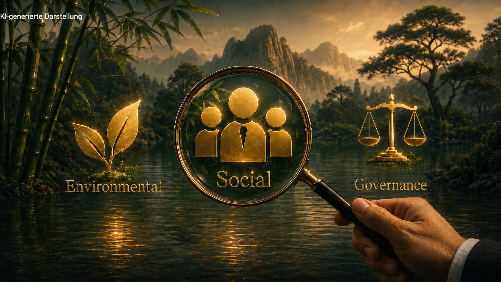 ESG-Symbole mit Lupe vor Bambuslandschaft für Nachhaltigkeit bei Finanzanlagen