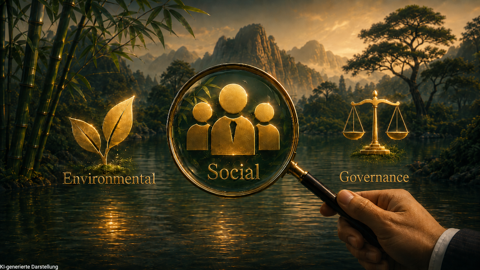 ESG-Symbole mit Lupe vor Bambuslandschaft für Nachhaltigkeit bei Finanzanlagen