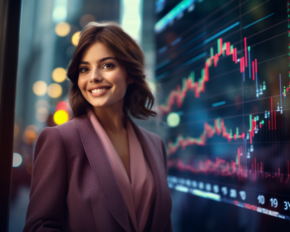 Junge Frau im Business-Outfit steht vor einem großen Bildschirm mit Aktiencharts und Kursverläufen, symbolisiert Finanzmarkt-Kompetenz und Investmentwissen. Finanzen selbst in die Hand nehmen: Diese Szene steht für finanzielle Selbstbestimmung, smarte Investments und moderne Altersvorsorge.