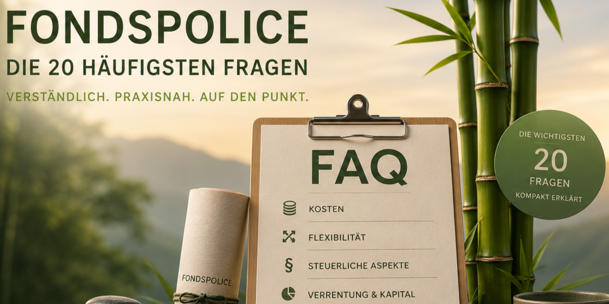 Ein Klemmbrett mit der Überschrift FAQ Fondspolice steht vor Bambus und Berglandschaft.