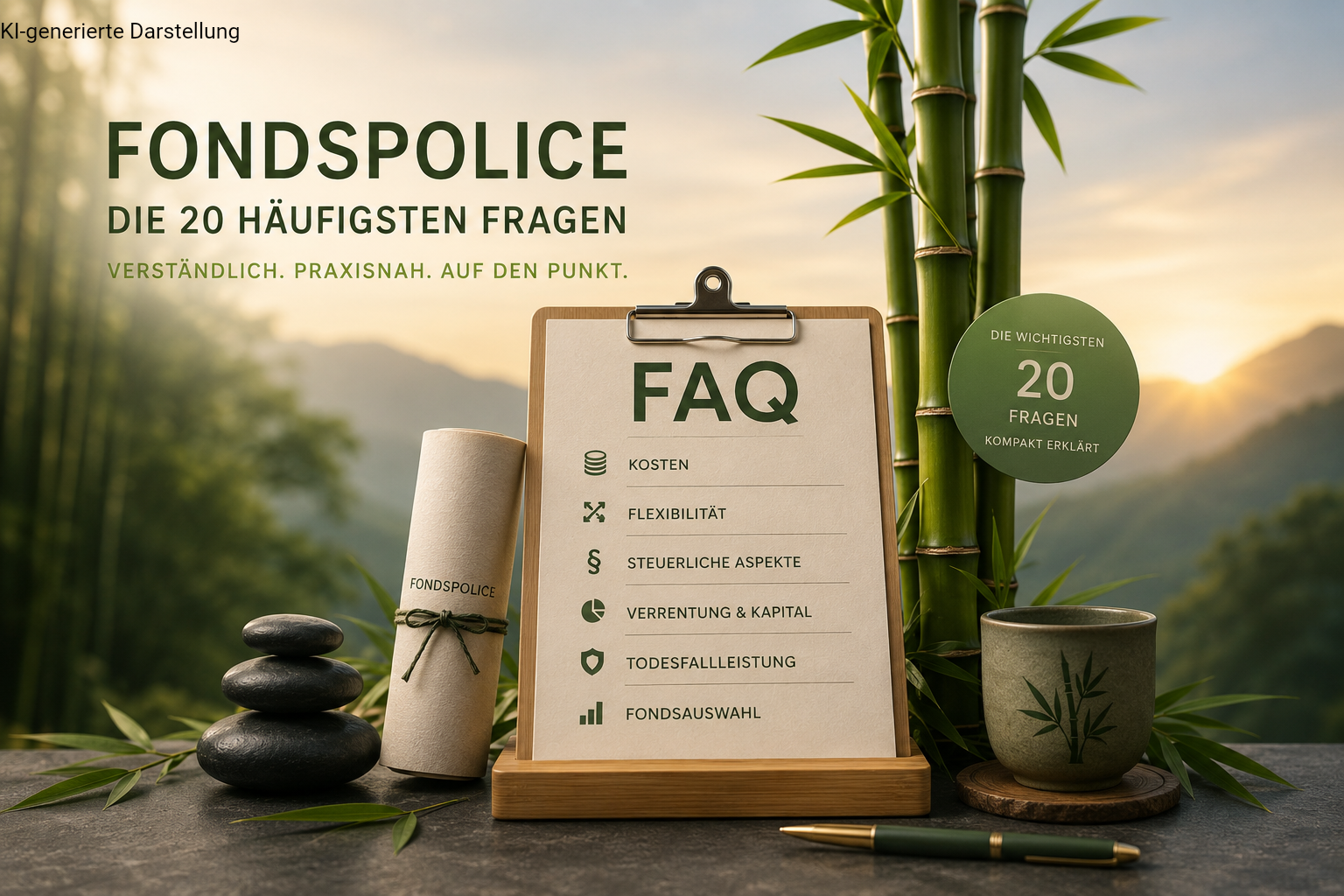 Ein Klemmbrett mit der Überschrift FAQ Fondspolice steht vor Bambus und Berglandschaft.