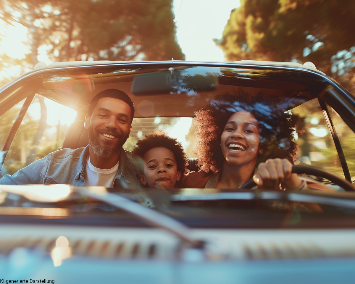 eine junge familie fährt gemeinsam im auto.Symbol für risikolebensversicherung