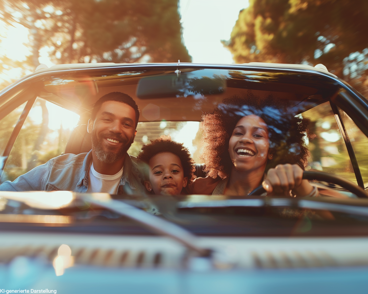 eine junge familie fährt gemeinsam im auto durch eine sonnenbeschienene landschaft – sinnbild für absicherung, freiheit und zukunft mit risikolebensversicherung mit vereinfachter Gesundheitsprüfung