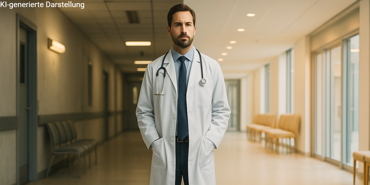 Arzt steht auf einem Riss zwischen einem tristen und einem modernen Krankenhausflur als Symbol für die Entscheidung zwischen GKV und PKV.