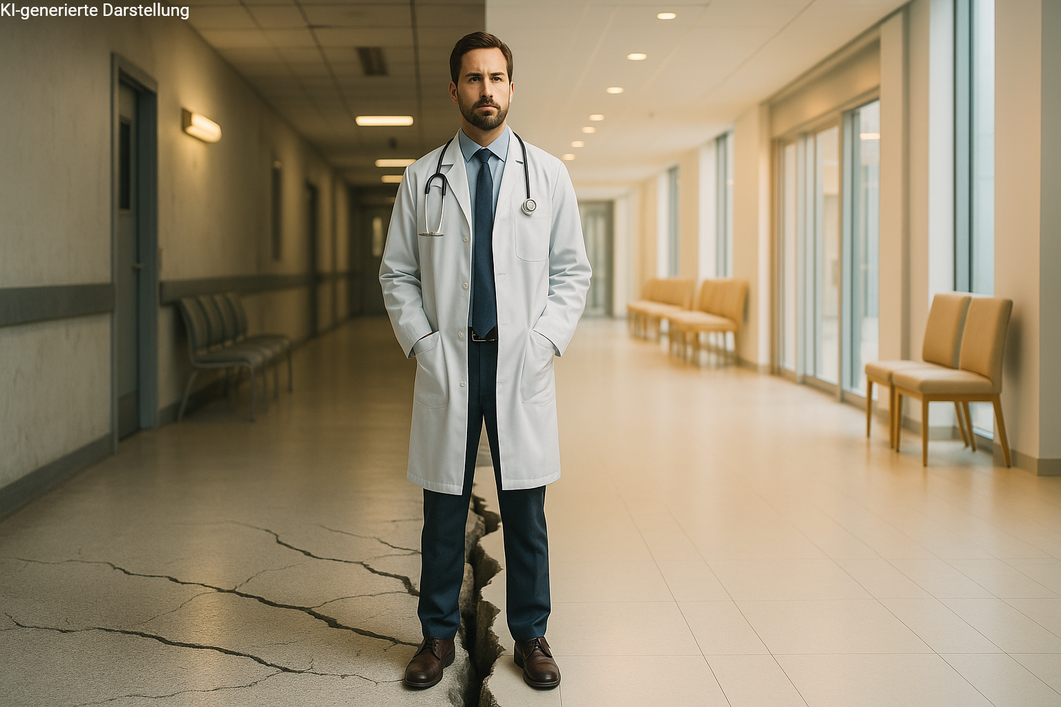 Arzt steht auf einem Riss zwischen einem tristen und einem modernen Krankenhausflur als Symbol für die Entscheidung zwischen GKV und PKV.